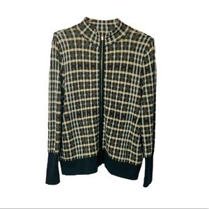 JONES NEW YORK Black Plaid Zip Up Sweater